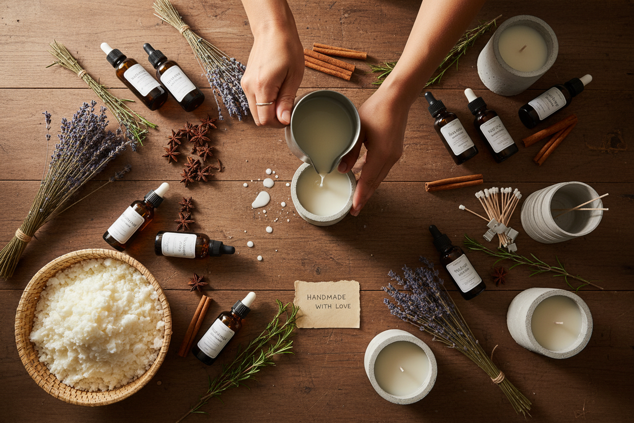 person and view should not be visible. jars of candle are concrete and add some spices and herbs and oils etc parfum oils or whatever. skin tone is olive